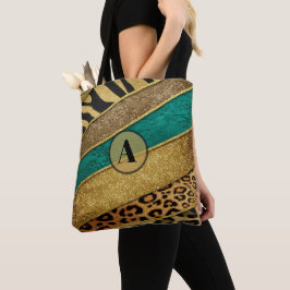Bolsa Tote Luxury Emerald & Gold Safari Leopard Zebra Glitter