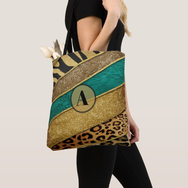 Bolsa Tote Luxury Emerald & Gold Safari Leopard Zebra Glitter (Close Up)