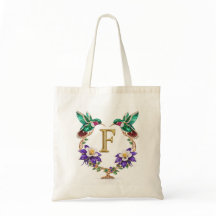 Luxury Jeweled Hummingbird Monogram F Wedding Tote