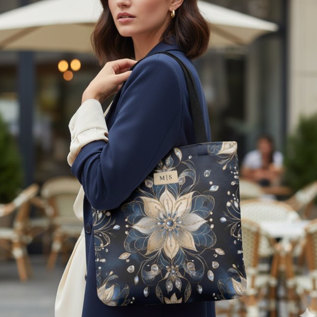Bolsa Tote Luxury Navy Gold Floral (luxury navy gold floral tote bag with monogram, elegant personalized gift for her)