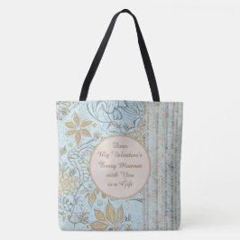 Bolsa Tote Luxury, Valentine's Day,Gold Soft Blue Flowers Art