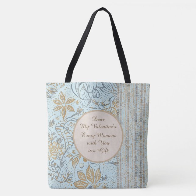 Bolsa Tote Luxury, Valentine's Day,Gold Soft Blue Flowers Art (Frente)