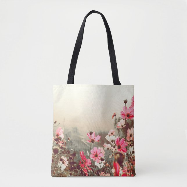 Bolsa Tote Luz da manhã, cosmos rosa florescente. (Frente)