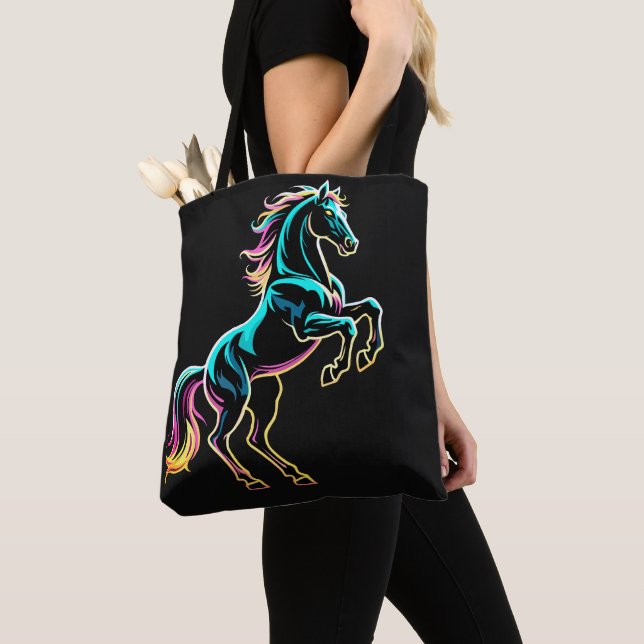 Bolsa Tote Luz Neon de Cavalo Efeito Glitch Estilo Retro (Close Up)
