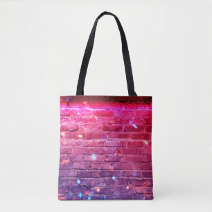 Bolsa Tote Luz neon: parede de tijolos vazia.