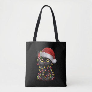 Bolsa Tote Luzes de árvore de Natal de gato preto, kitten eng