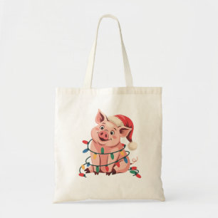 Bolsa Tote Luzes de Natal Porco Vestindo Chapéu Natal - Pig L