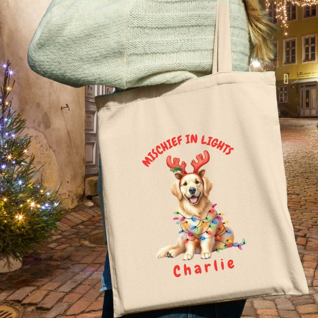 Bolsa Tote Luzes Festivas Ouro de Aquarela Retriever (Carry festive cheer with this custom fun Golden Retriever tote bag. A perfect gift for dog lovers.)