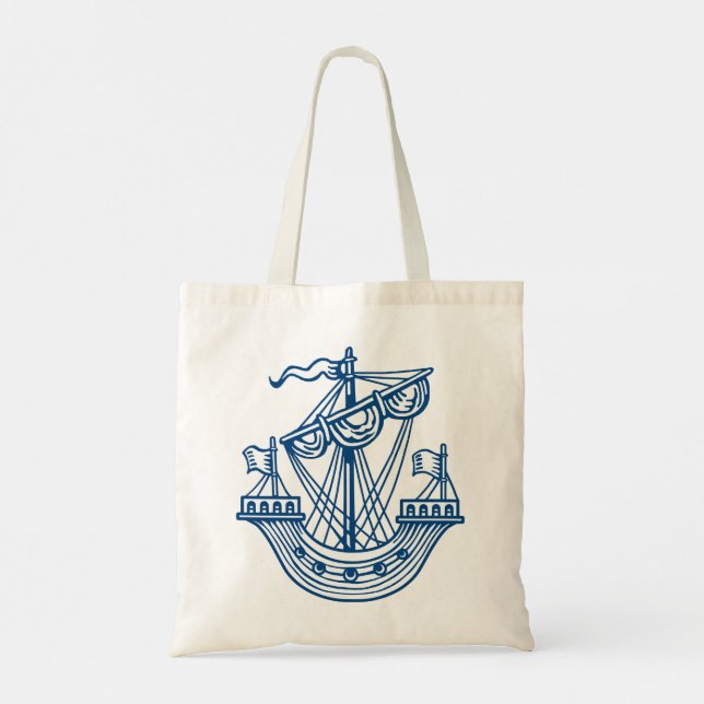 Bolsa Tote Lymphad (Navio Heráldico) - Azul Estilo Índigo (Verso)