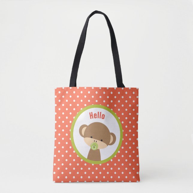 Bolsa Tote Macaco-bebê bonito com Pacificador em Bolinhas (Frente)