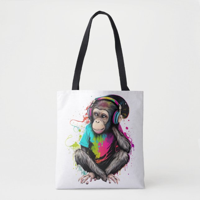 Bolsa Tote Macaco Bonito Ouvindo Música, Macaco Com Música Ob (Frente)