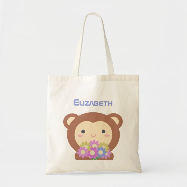 Bolsa Tote Macaco Kawaii Cute e Flores Nome Rosa Roxo (Frente)