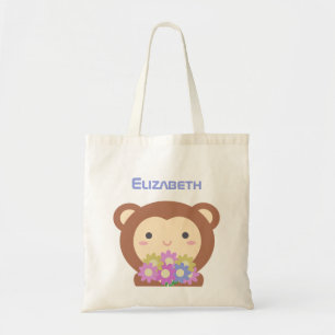 Bolsa Tote Macaco-Kawaii e flores, nome roxo-rosa
