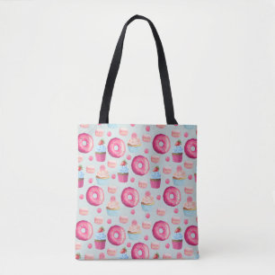 Bolsa Tote Macarões Rosquinha E Padrão De Cupcake Em Aquarela