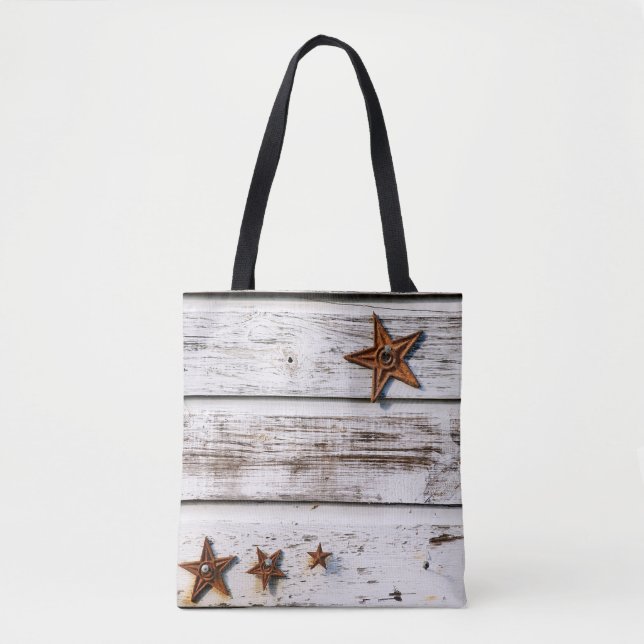 Bolsa Tote Madeira branca angustiada com estrelas sobre um bo (Frente)
