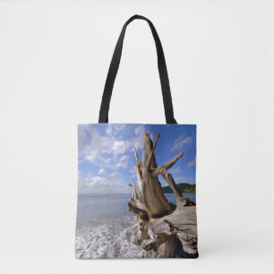 Bolsa Tote Madeira lançada costa na linha costeira de praia