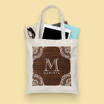 Bolsa Tote Madeira russa com rendas planas brancas e monogram<br><div class="desc">Rapariga-Rapariga Gráfica no Zazzle: Monograma Elegante Monograma Floral Branco Lace Rustic Wood Tote Bag - Elegante Trendy Chic Na moda Vintage Floral Flores Brancas Padrões de Lace Branco sobre Madeira Rústica Personalizável para Noiva de Casamento e/ou Bridesmaids para Personalizar com um Monograma Moderno Inicial e Impresso Unigrafia Adição rápida a...</div>