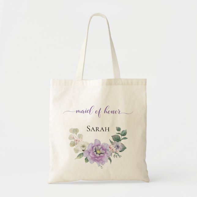 Bolsa Tote Madrinha de casamento de Aquarela Lavanda Floral P (Frente)