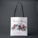 Bolsa Tote Madrinha de casamento de buquê de aquarela de peõe<br><div class="desc">Saco de tote de inverno russo elegante / na moda de natal / madrinha de casamento / / flor com um monte de flores vermelhas de burgundy e de pénia branca com ramos sazonais de pinheiro verde de abeto, bagos vermelhos e folhagem em fundo branco. Personalize-o com o seu nome...</div>
