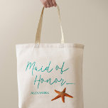 Bolsa Tote Madrinha de casamento de casamento de estrelas-do-<br><div class="desc">Madrinha de casamento de Starfish,  mar / praia / saco de tote de casamento de destino com roteiro de caligrafia azul aqua e texto editável. Personalize-o com o nome da madrinha de casamento.</div>