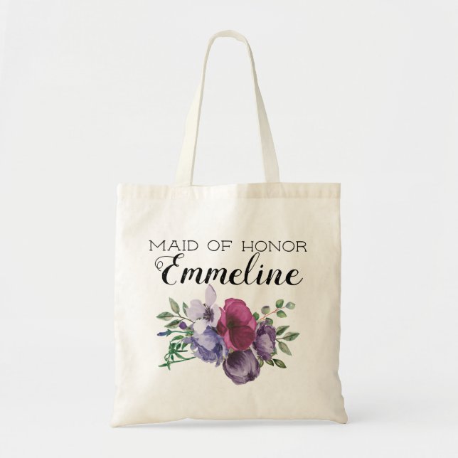 Bolsa Tote Madrinha de casamento de Plum Purple Floral Greene (Frente)