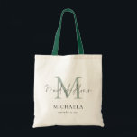 Bolsa Tote Madrinha de casamento Monograma Nome Inicial Sage<br><div class="desc">Sage do Script do Nome Inicial do Monograma da madrinha de casamento. Moderna tipografia de escrita para Madrinhas de casamento e você pode facilmente personalizar sua inicial,  nome e data de casamento para torná-la mais especial.</div>