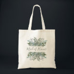 Bolsa Tote Madrinha de casamento Rústica de Moldura<br><div class="desc">Esta bolsa rustica de tote verde apresenta as palavras "Madrinha de casamento" na caligrafia verde moderna,  enquadrada acima e abaixo pela folhagem de aquarela e bagas em tons sutis de verde,  cinza e azul.</div>