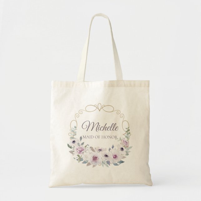 Bolsa Tote MADRINHA DE CASAMENTO Violet Rosa Floral Wreath co (Frente)