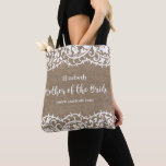 Bolsa Tote Mãe da Noiva Rustic Lace Burlap Personalizada<br><div class="desc">A Mãe da Noiva vai adorar esta bela sacola personalizada com uma ponta rustica contra um fundo falso de burlap. Adicione o nome da Mãe da Noiva e o texto personalizado para personalizar. Perfeito para essências de casamento de carregando como maquiagem, calçados, roupas e muito mais. Funciona bem para casamentos...</div>