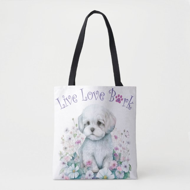 Bolsa Tote Mãe de Cachorro Maltês Floral (Frente)