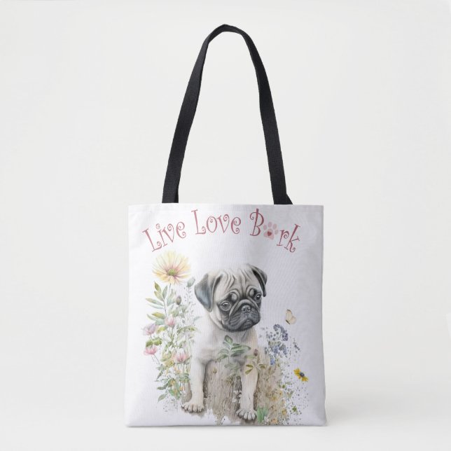 Bolsa Tote Mãe de Cachorro Pug Floral (Frente)