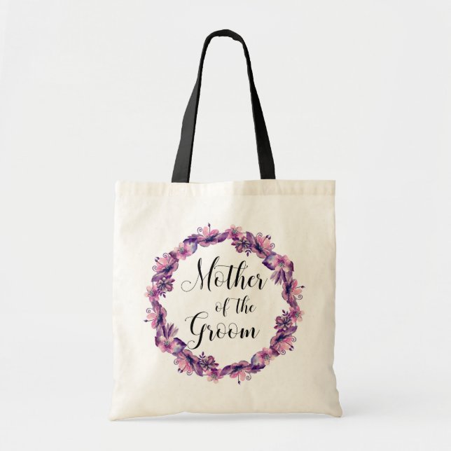 Bolsa Tote Mãe do noivo. Saco de casamento rosa e roxo (Frente)