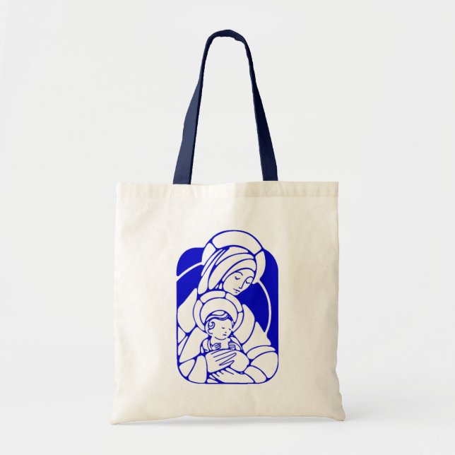 Bolsa Tote Mãe e criança santamente azuis e brancas (Frente)