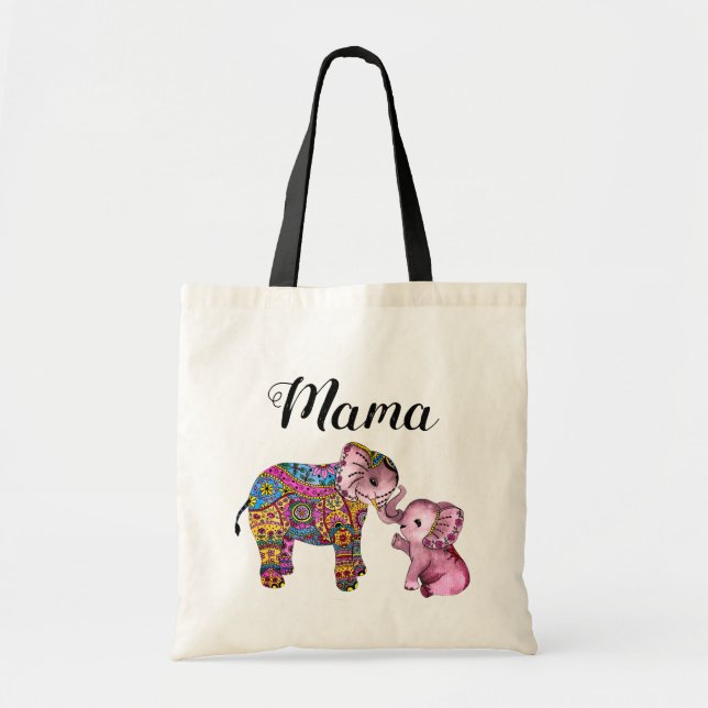 Bolsa Tote Mãe e Elefante Bebês, Bonitos Coloridos (Frente)