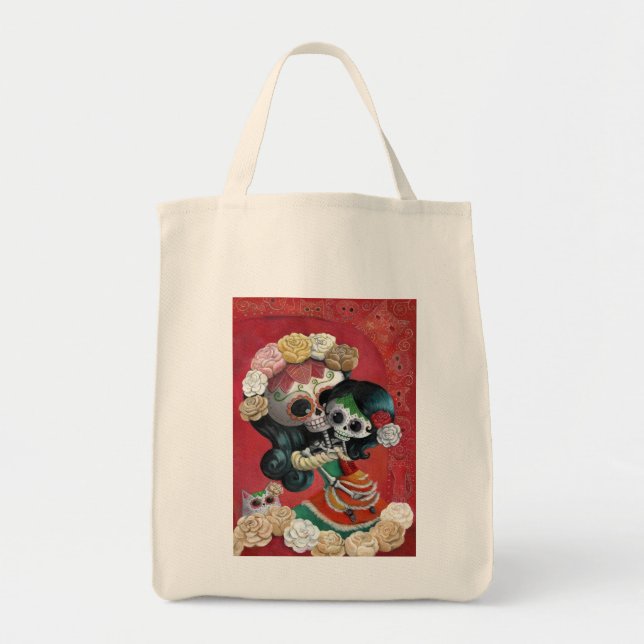 Bolsa Tote Mãe e filha de Diâmetro de Los Muertos Esqueleto (Frente)