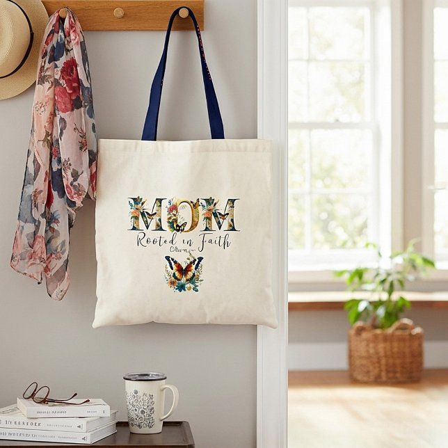 Bolsa Tote Mãe enraizada na fé borboletas florais (Criador carregado)