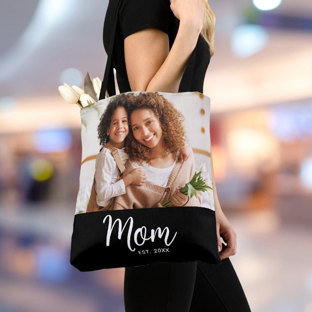 Bolsa Tote Mãe Estabeleceu Data Branco Script Foto no Preto (Criador carregado)