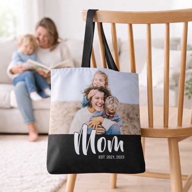 Bolsa Tote Mãe Estabeleceu Roteiro Foto Preta (Mom Established Script Black Photo Tote Bag)