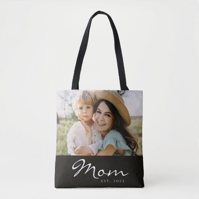Bolsa Tote Mãe Estabeleceu Script Foto Preta  (Frente)