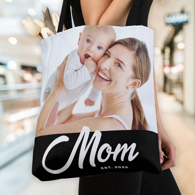 Bolsa Tote Mãe Estabeleceu Script Preto Foto (Criador carregado)