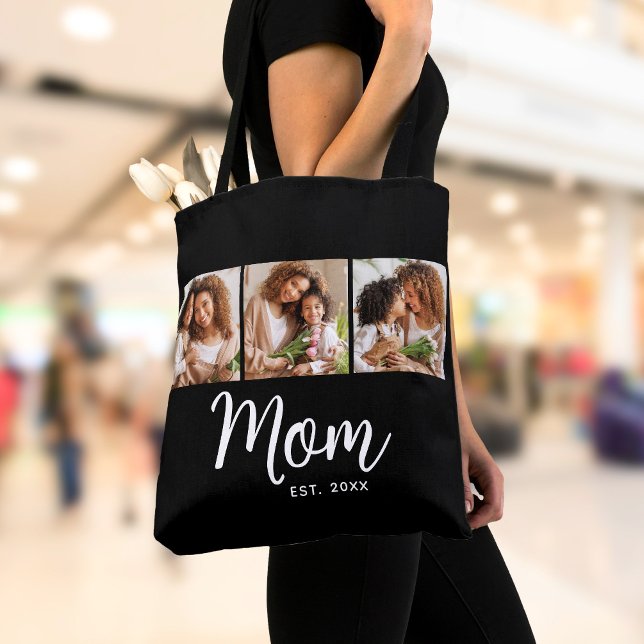 Bolsa Tote Mãe Estabelecida Data Branco Script Preto 3 Foto (Criador carregado)