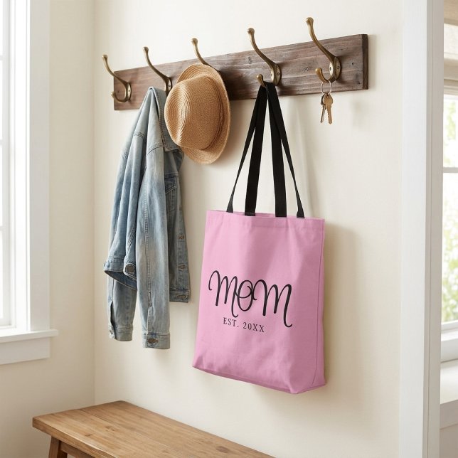 Bolsa Tote Mãe Estabelecida Novo Presente de Mãe Rótulo Preto (Mom Established New Mom Gift Black Script Tote Bag)
