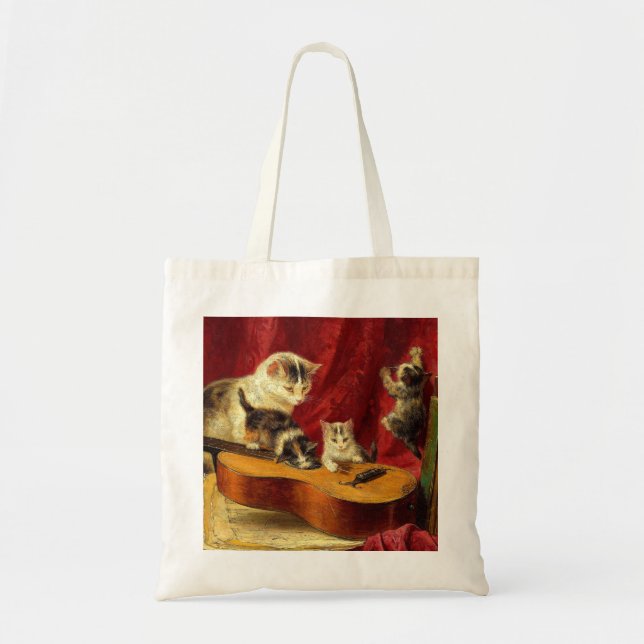 Bolsa Tote Mãe Gato e Gatinhos Brincando com Violão (Frente)