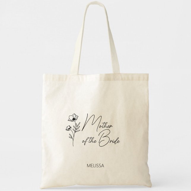 Bolsa Tote Mãe Personalizada Floral do noivo (Mother of the Bride Tote Bag, Wildflower Floral Simple Modern Script, Wedding Party Gifts)