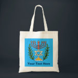 Bolsa Tote Magen Persa David Menorah<br><div class="desc">Esta imagem foi adaptada de um antigo azulejo judeu persa e apresenta uma menorah com um Magen David (Estrela de David) enquadrado por ramos de oliveira. As imperfeições da imagem original pintada à mão foram preservadas. Adicione seu próprio texto.</div>