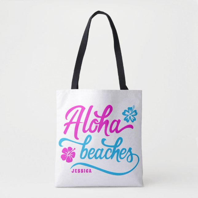 Bolsa Tote Magenta Aloha Beaches Summer Pun Personalizado (Frente)