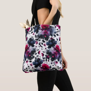 Bolsa Tote Magenta Rosa e Azul Floral Aguado de Tinta aquarel