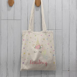 Bolsa Tote Magical Girly Unicorn & Stars Personalized<br><div class="desc">Add a touch of magic to your little girls life with this beautiful unicorn tote bag. Featuring a background of colorful stars,  a magical unicorn with gold glitter and pink flowers and your child's name.</div>