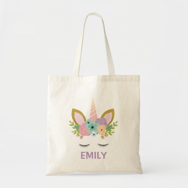 Bolsa Tote Magical Unicorn Personalizado nome brilha (Frente)