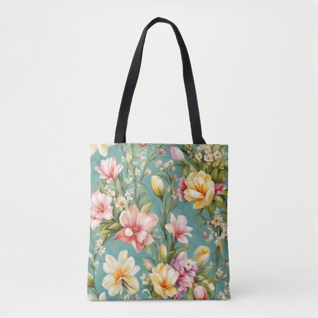 Bolsa Tote Magnólia Amarela refinada com flores brancas (Frente)